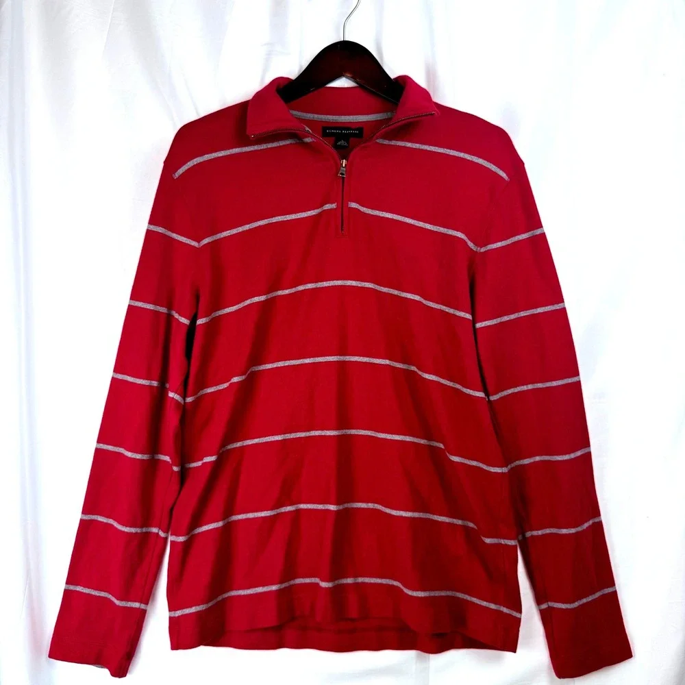 Banana Republic Men's Red Gray Striped Long Sleeve Quarter Zip Polo Shirt Size L